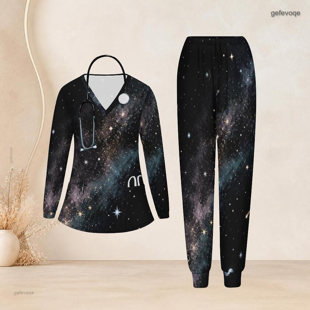 Women Plus Size V Neck Long Sleeve Scrub Set Purple Pink Cosmic Swirl Galaxy Print Nurse Uniform Set