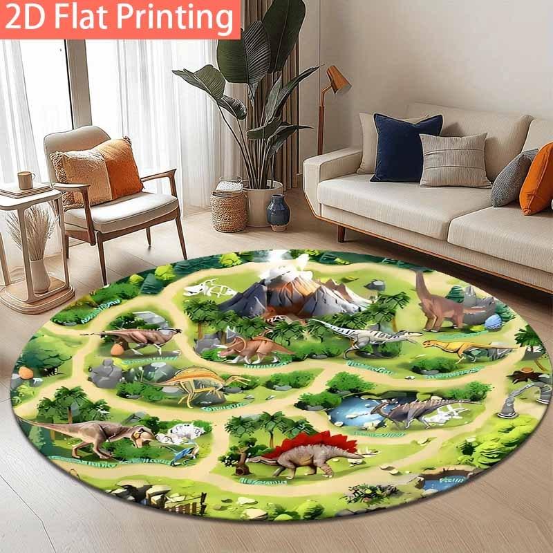 Round Dinosaur World Map Print Rug Non-slip Floor Mat for Kids Room Playroom Bedroom Home Decoration