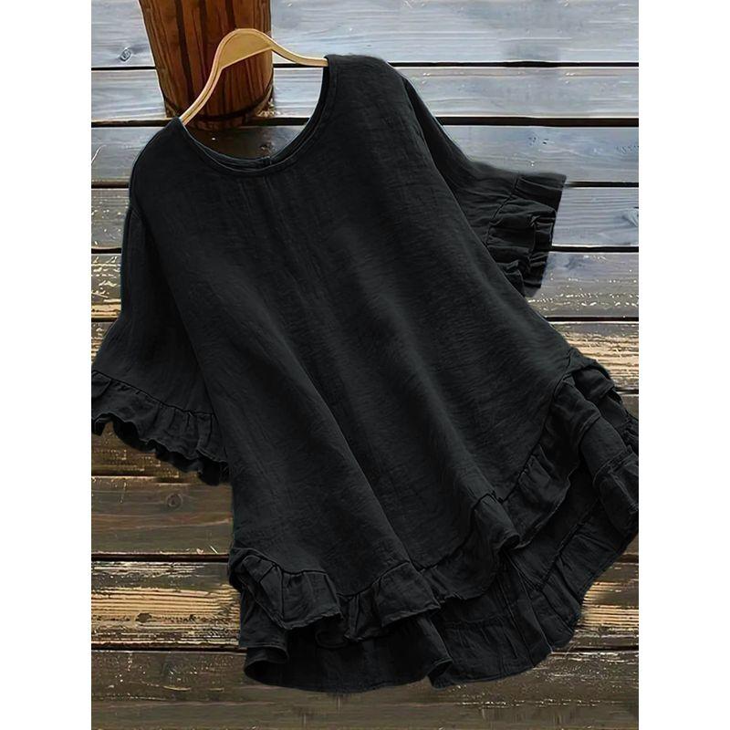 round Neck Solid Color Button Top for Women Women Solid Button Top