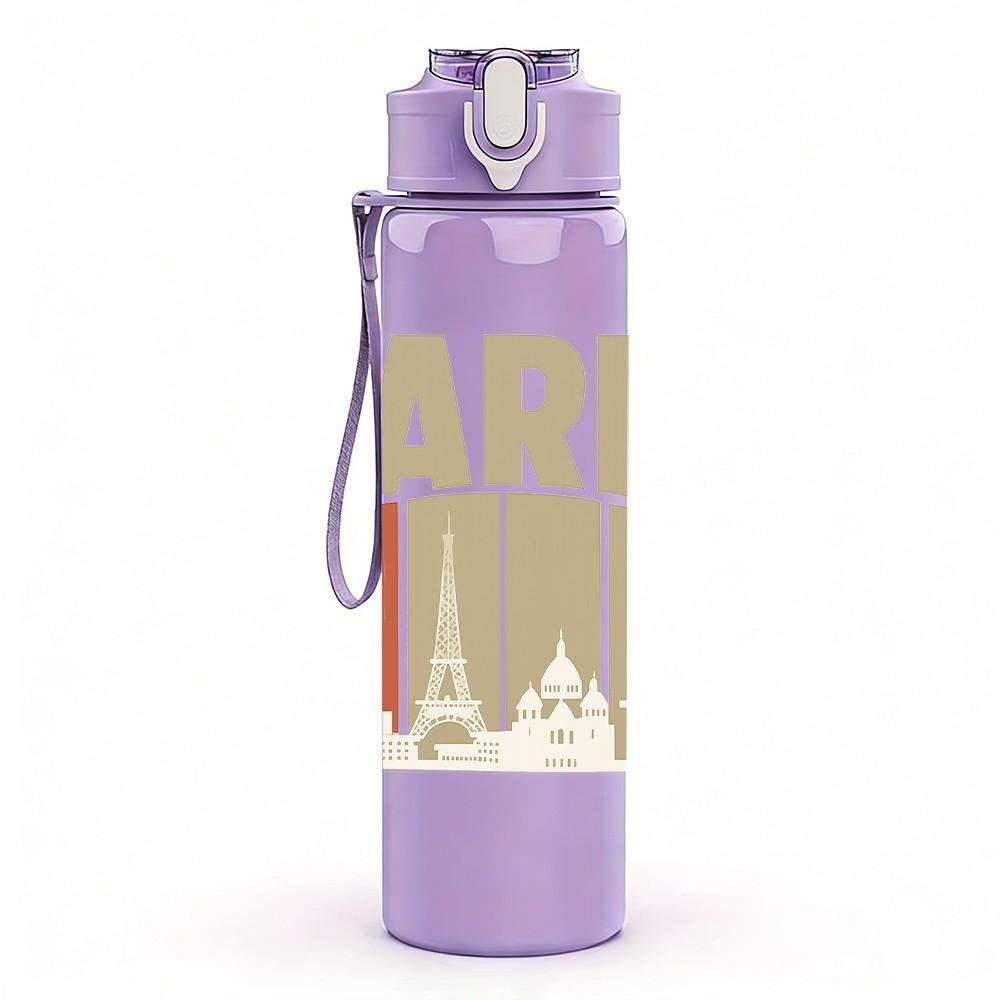 1PC Paris City Building Letter Art 750ml Color Plastic Sports Water Bottle Leakproof Flip Straw Lid Suitable for Sports Office Home Use