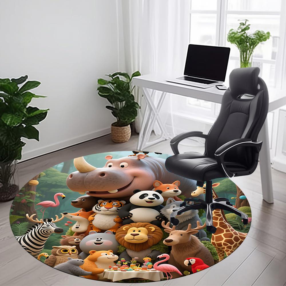 1pc Zoo Party Office Round Area Rug, Indoor Mat Suitable ForOffice, Under Office Chairs Bedroom Living Room Home Decor, Room Deco T106