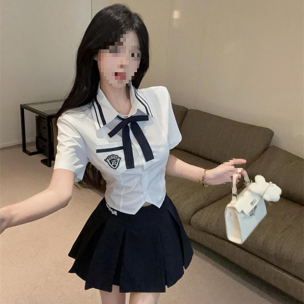 Preppy Autumn JK Set: Long Sleeve Shirt & High Waist Pleated Skirt