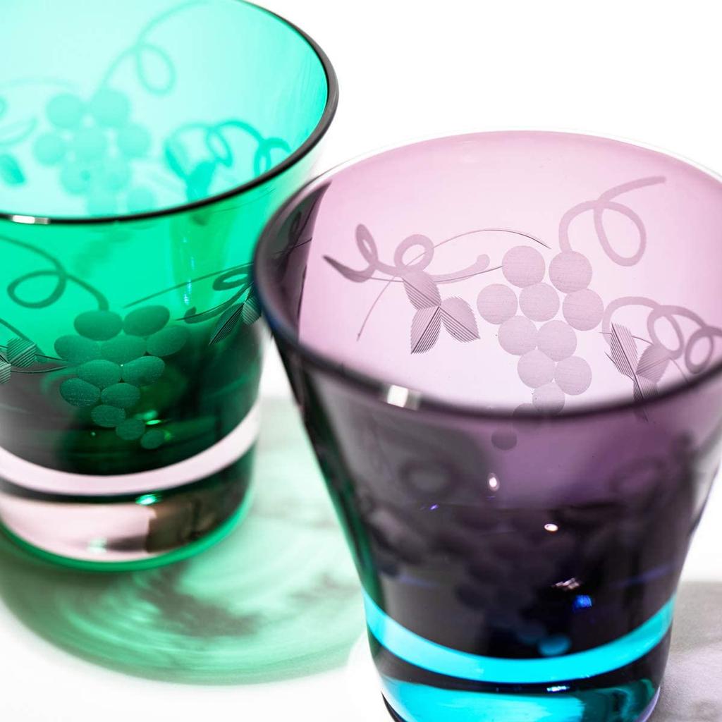 [Official Taiburo Studio] Edo Kiriko Grape Crest High-Based Old Glass Pair (Green and Edo Purple) TB30679/35679, Gift Boxed, Made In Japan
