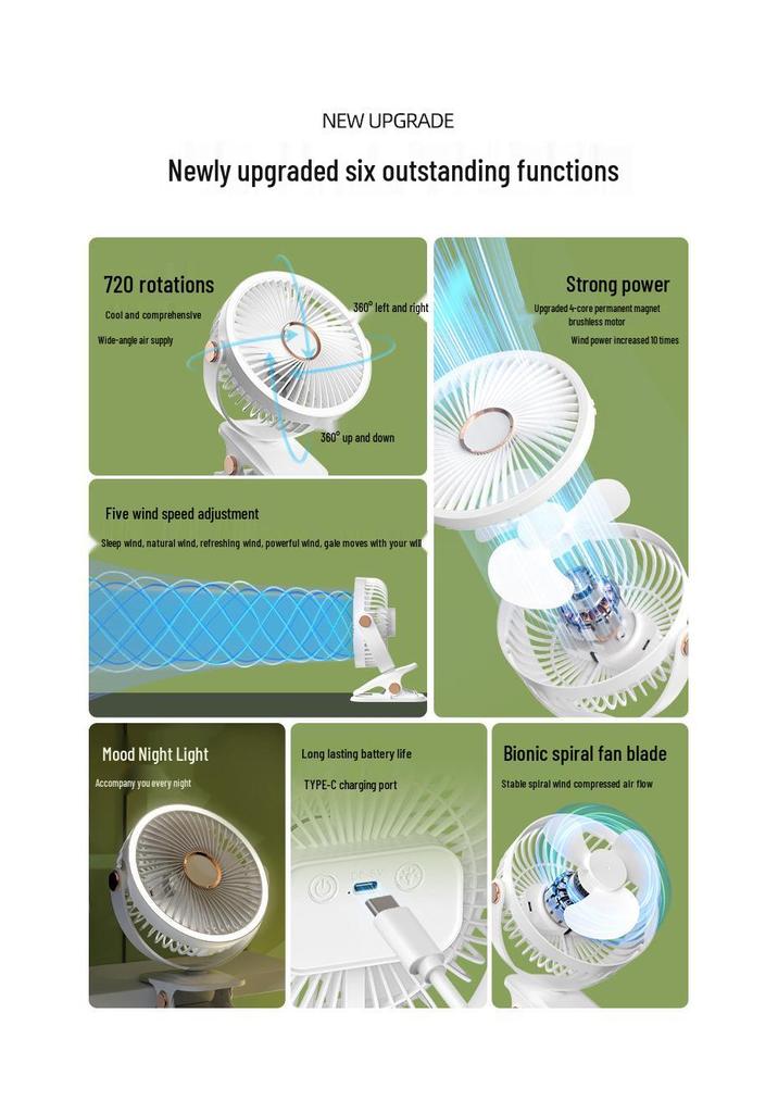 Rechargeable Wall-Mounted Office Fan: Portable Desk and Clip Design