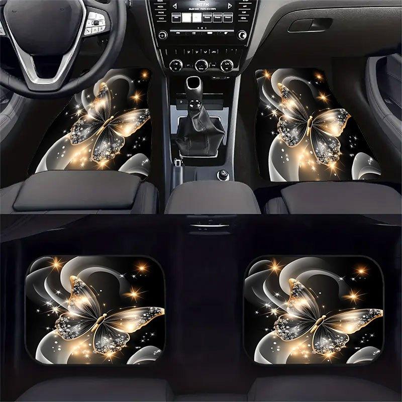 Набор из 4 шт. Элегантные автомобильные коврики с дизайном в виде бабочек, с противоскользящим покрытием, мягкая текстура, похожая на бархат (Прочная ткань) - Золотой и Черный Роскошный Узор 4pcs