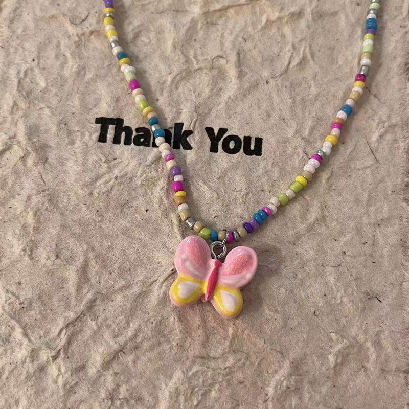 Simple color gradual change painted butterfly beaded necklace women's fashion temperament high sense sweet cool wind versatile collarbone chain