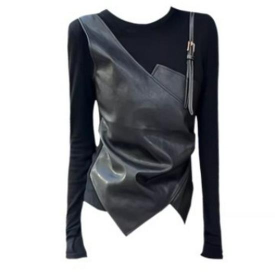 

Женская ретро футболка-майка из ПУ кожи с пэчворком - Двухслойный вид, Длинный рукав, Весенне-осенний стиль S чёрный