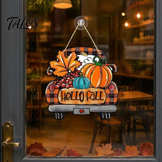 Rustic Pumpkin Welcome Sign Hello Fall Wooden Hanging Sign, Retro Plaid Pickup Truck Ornaments, Wall Pendant Front Door Decor with And Maple Leaf for