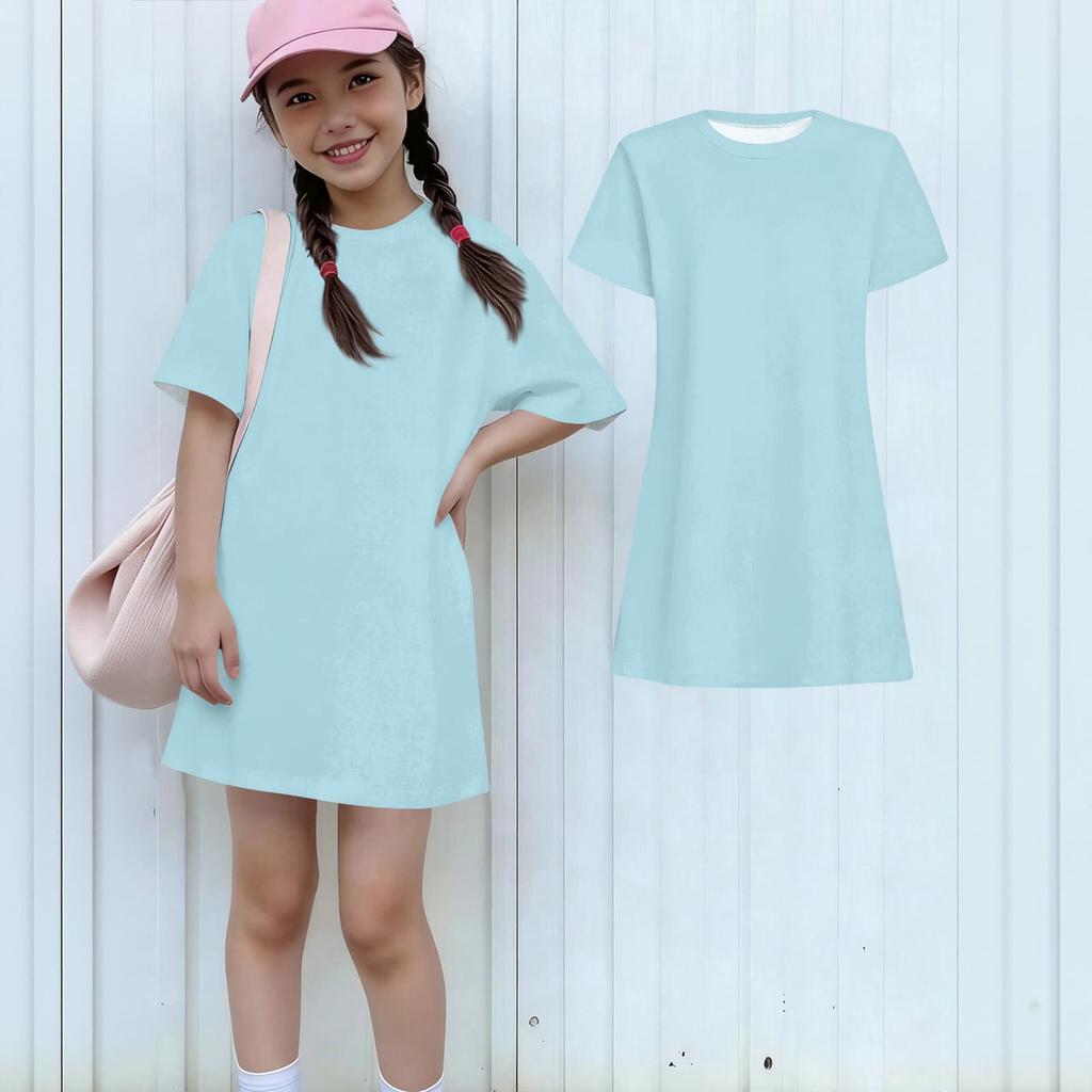 Girls Casual Sundress Kids Loose Round Neck Short Sleeve Lightweight Dress