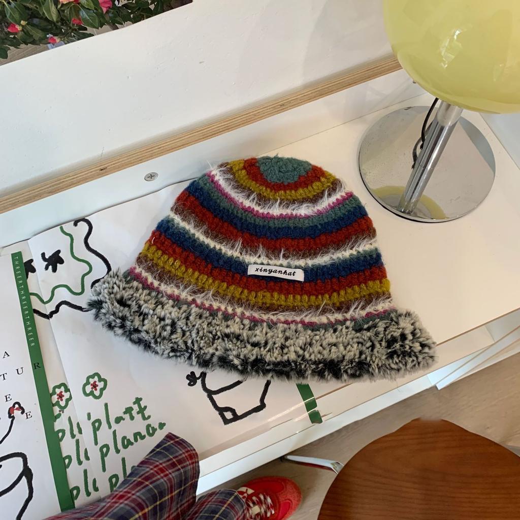 Warm and Cold Hat Versatile Wool Hat Winter Big Head Circumference Women's Face Small Colorful Striped Fisherman Hat Small Flower Pile Hat