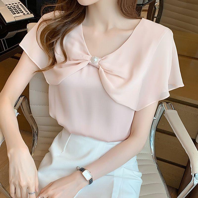WTEMPO Short-sleeved Chiffon Shirt Women Summer Dress Bow Shows Thin Korean Fashion Thin Top Solid Color Y2k Top