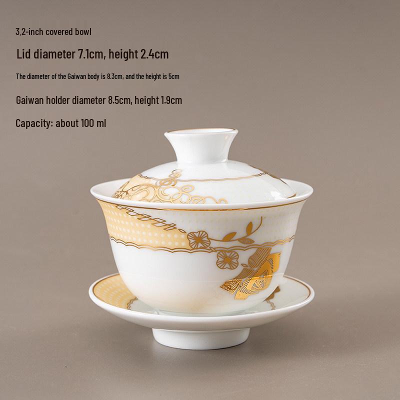 Chinese Style Ceramic Tea Set: White Porcelain Cup with Blue and White Ruyi Covered Bowl for Living Room