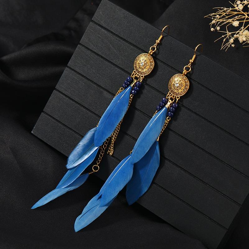 Retro Feather Fringed Earrings Women's Niche Personality Bohemian Blue Long Yunnan Travel Photography Earrings