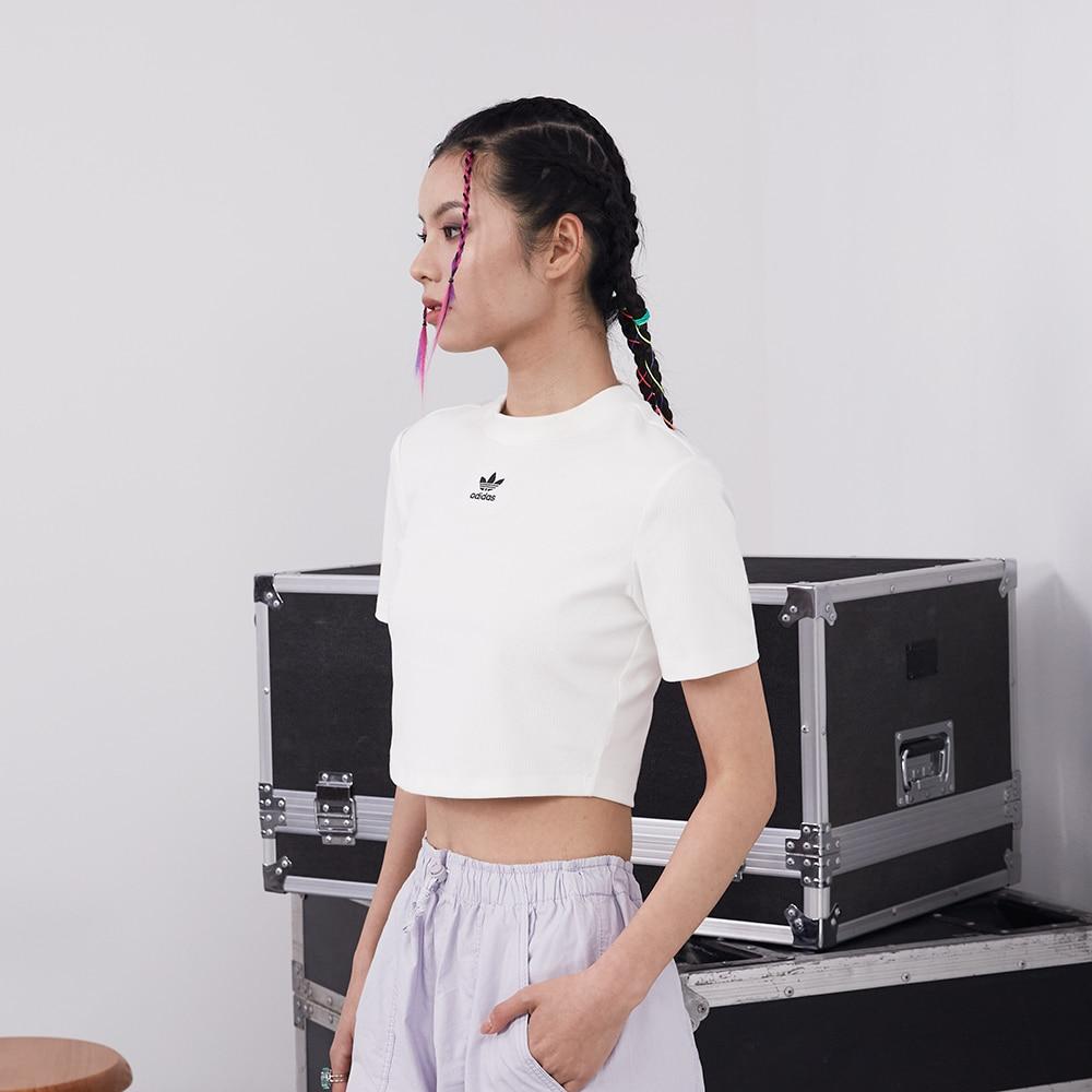 adidas Originals Adicolor Essentials Rib Solid Color Short Breathable Sports T-Shirt Women Tops White HF3394