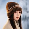 Striped color matching wool knitted hat autumn and winter hat women's big head circumference pullover hat versatile face small cold hat