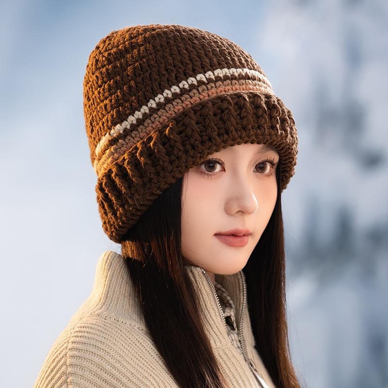 Striped color matching wool knitted hat autumn and winter hat women's big head circumference pullover hat versatile face small cold hat