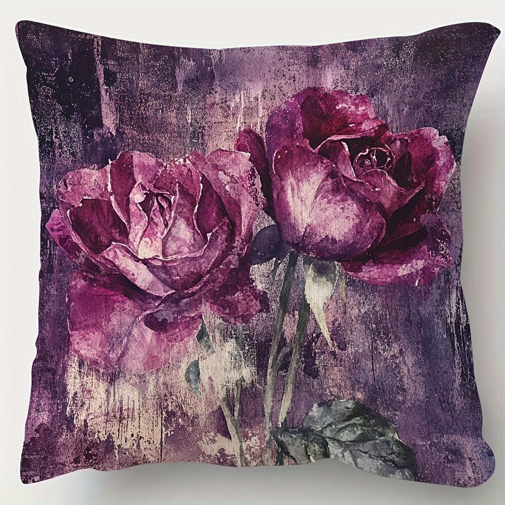 1Pc Dark Purple Watercolor Rose Pillow Cover, Polyester 2D Double-Sided Print, Vintage Floral Art Cushion, Romantic Flower Lover