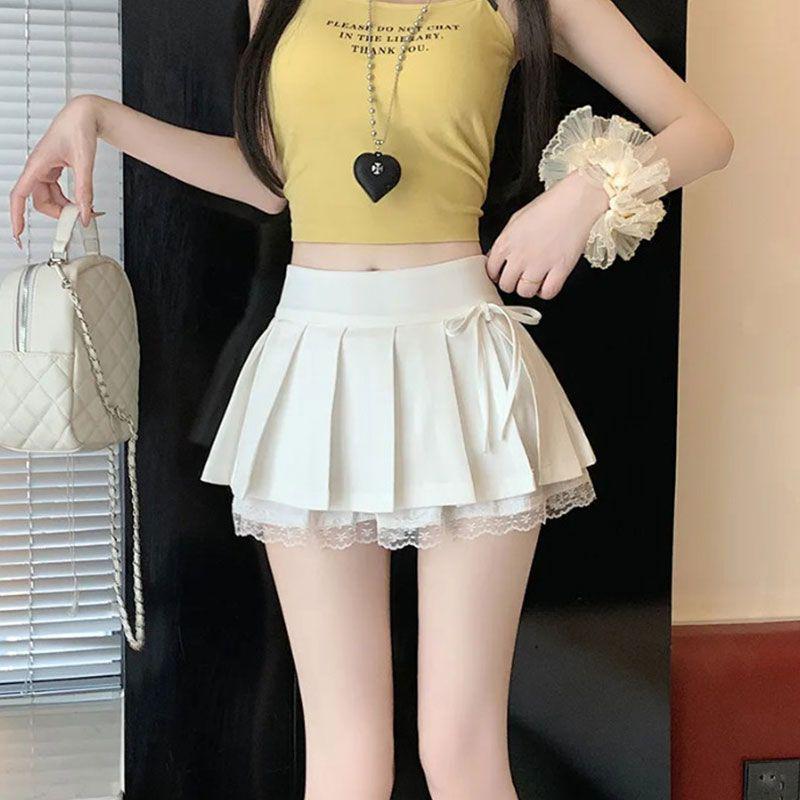 Sweet Pleated A-Line Mini Skirt with Lace Patchwork, High-Waisted and Anti-Exposure, 2025 Summer Collection