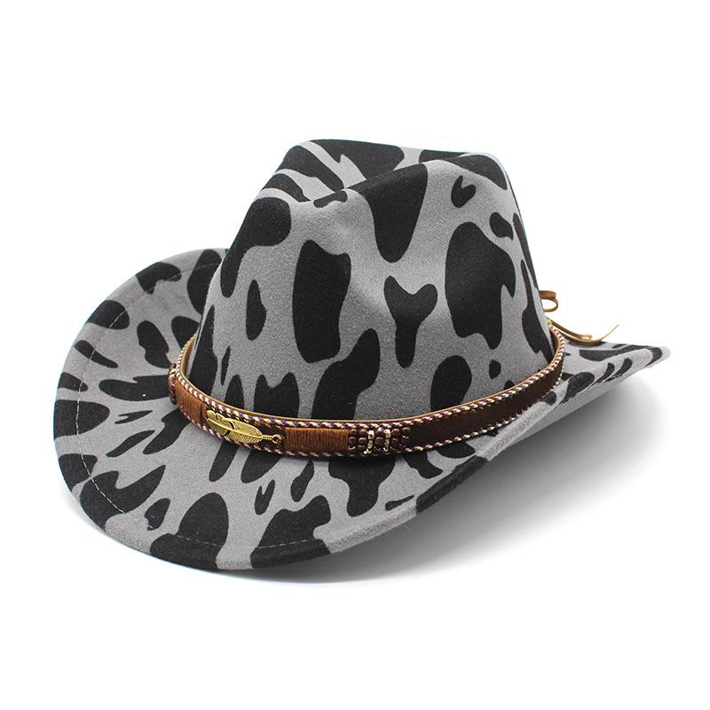 Retro Ethnic Style Wool Cow Pattern Big Eaves Wide Edge Protection Warm Western Cowboy Top Hat Men'S And Women'S Style