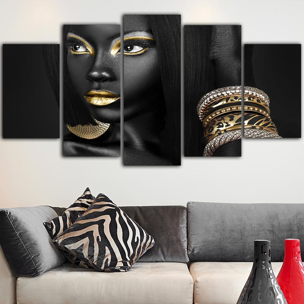 5 Pieces Modular African Woman Sexy Lips Nail Salon Canvas Painting Figure Posters and Prints Wall Art Home Decor No Frame