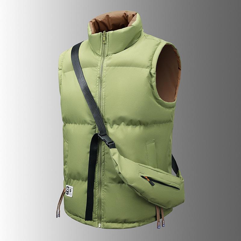 New Double-sided Cotton Vest for Men Versatile Solid Color Thickened Jacket for Youth Trendy Brand Stand Collar Down=