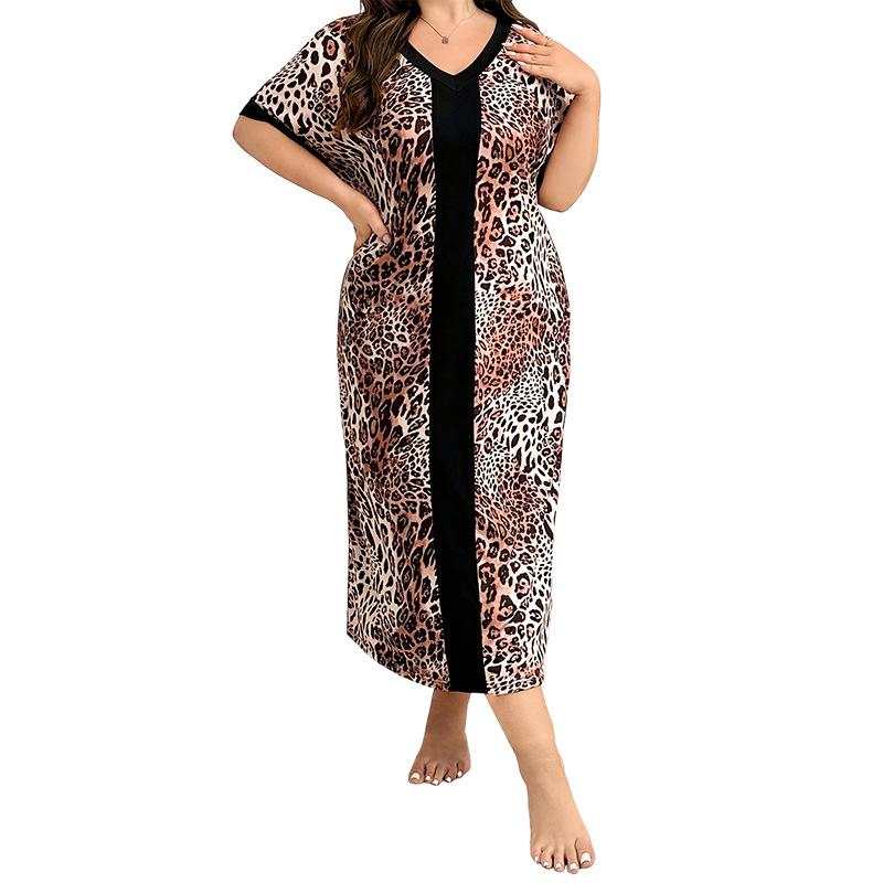 Elegant French Retro Leopard Print V-Neck Patchwork Midi Dress, Slimming Plus Size for Spring/Summer 1XL