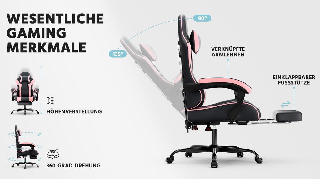Gaming Chair with Lumbar Support, Breathable PVC Leather, Comfortable Computer, Load Capacity 200KG, Seat Height and Backrest Adjustable Black-Pink