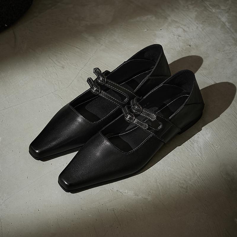 Fashion 2025 New Women Genuine Leather Mary Jane Flats Shoes Buckles Fashion Casual Square Toe Spring Summer Black Women Flat Shoes