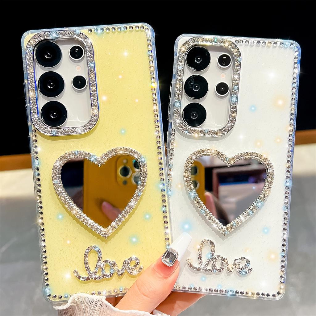 Handmade Sparkly Diamond Heart Mirror IMD Phone Case, Compatible with Samsung S23 Ultra/S24/S25 & A07/A15/A16/A17/A26/A35/A36/A55/A56