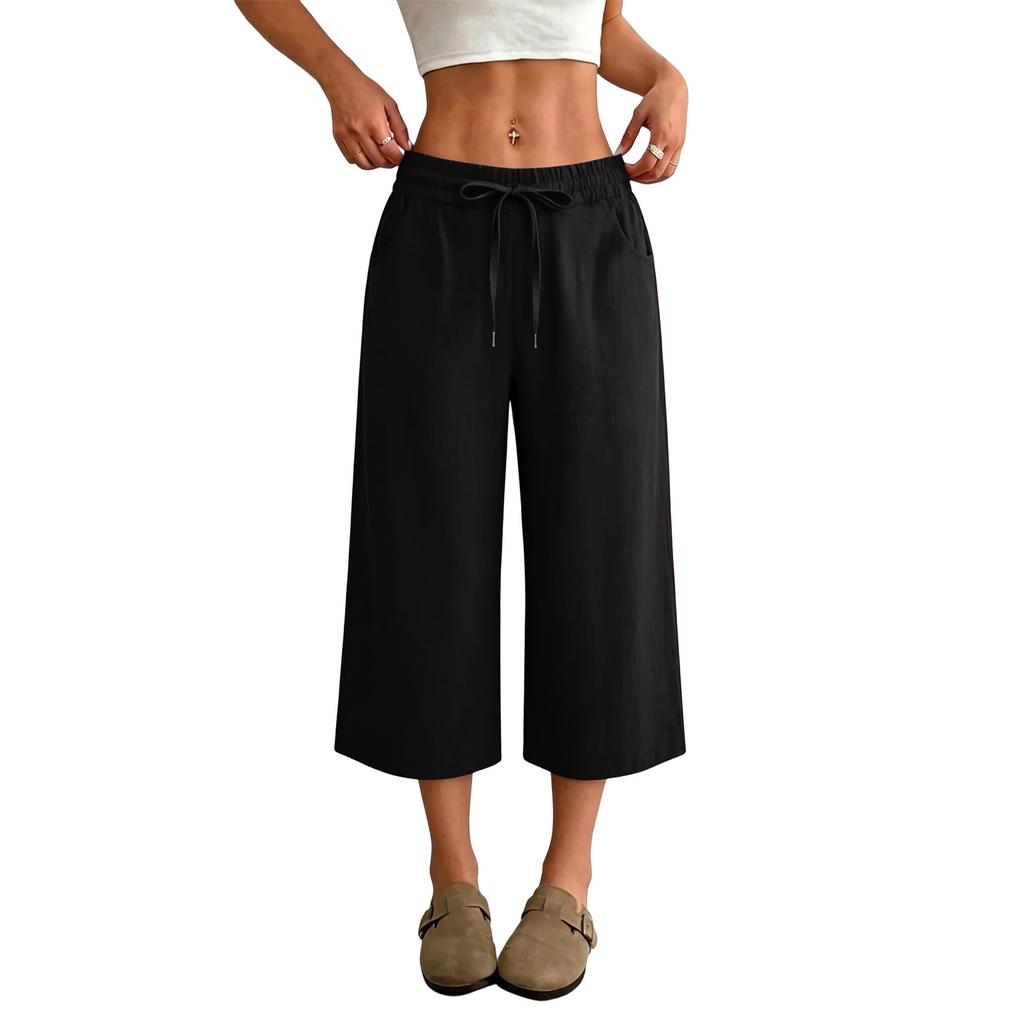 Women’s High Waist Wide Leg Drawstring Cropped Pants with Pockets Relaxed Fit Casual Summer Lightweight Design