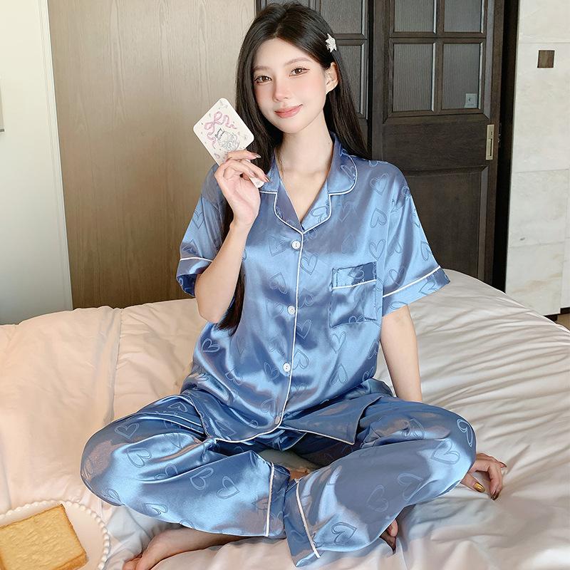 

Премиальная жаккардовая пижама Sweet Love из ледяного шелка, женский весенне-летний костюм для дома с коротким рукавом 2XL