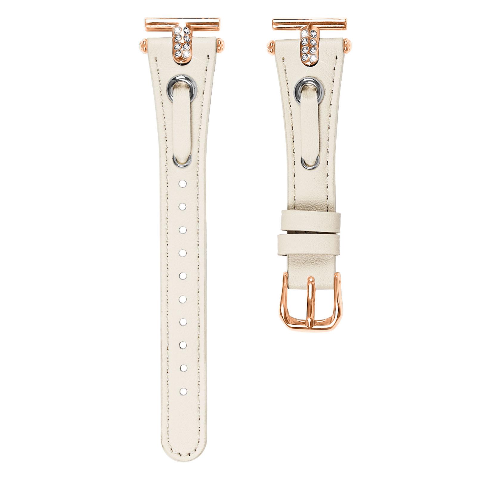 

For Misfit Vapor Genuine Cow Leather Watch Band Rhinestone Decor Rose Gold Buckle Watch Strap Apricot