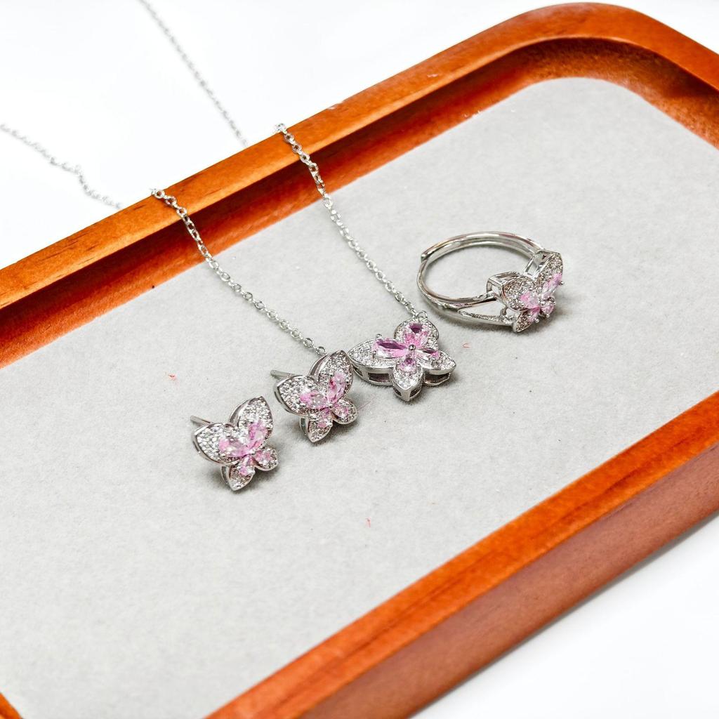 Gesi En Jewelry Korean Style Cherry Blossom Pink Butterfly Ring Set - Sweet and Individualistic Three-Piece Girly Accessory.