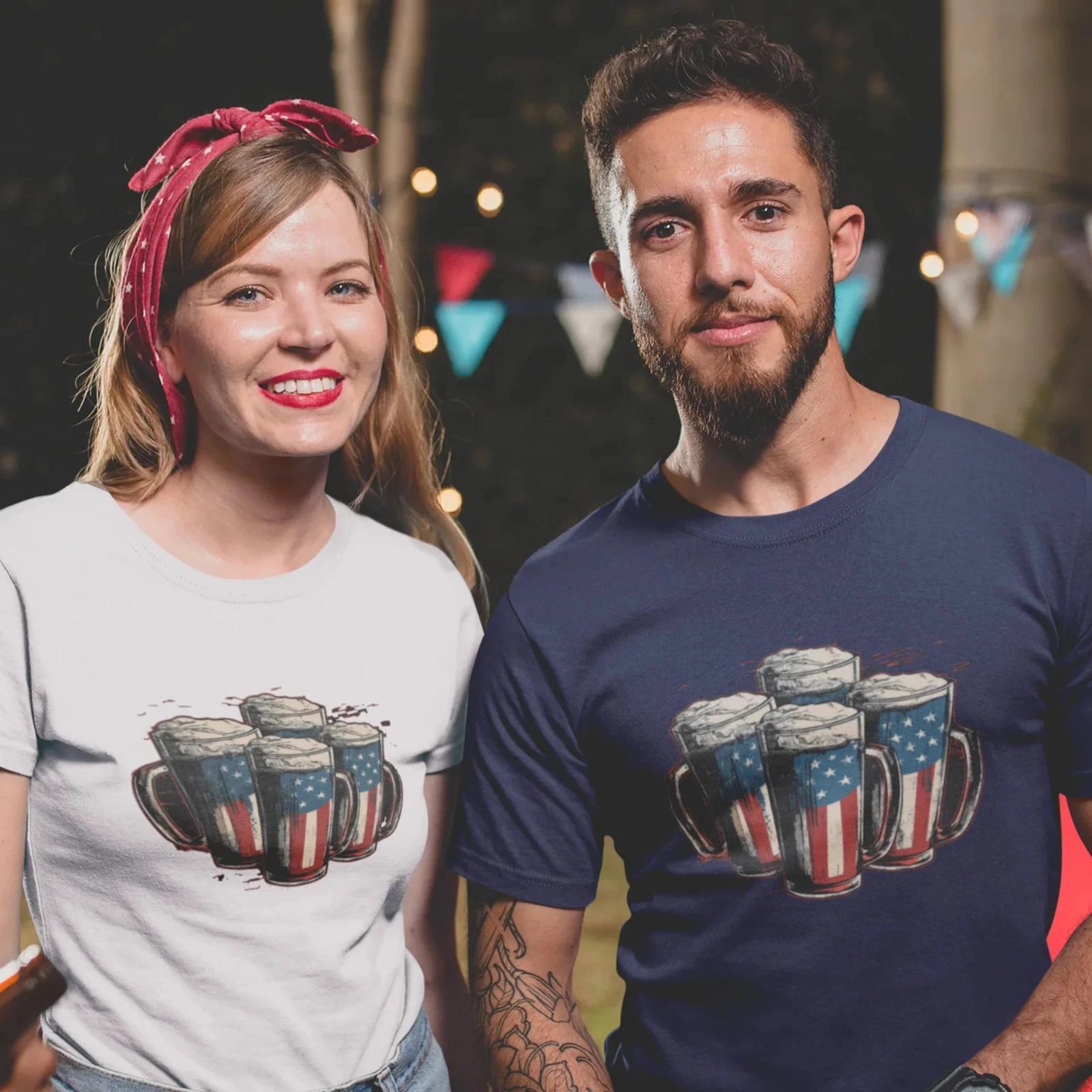 USA Flag Beer Glass Unique Print round Neck short sleeve T-Shirt for men Women. M