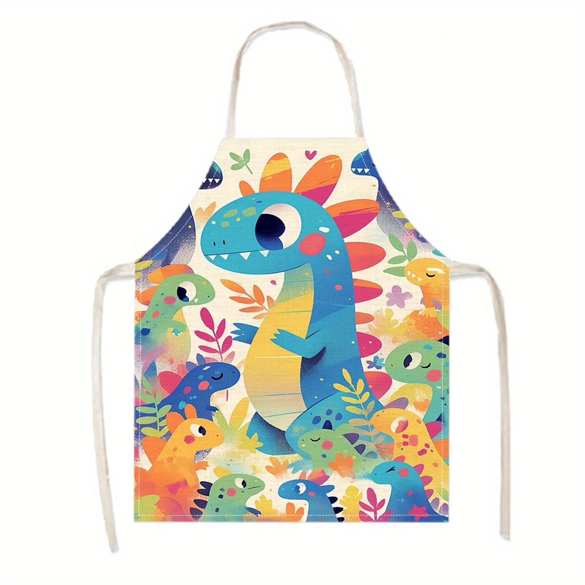 

Linen Apron Colorful Dinosaur Pattern Kids Friendly Design Kitchen Cooking Baking Gift for Children Parents 38X47cm(15X19in)