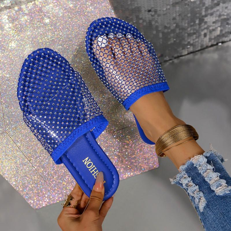 Women's Rhinestone Mesh Mules Sparkly Slip-On Flat Sandals with Fashion Insole