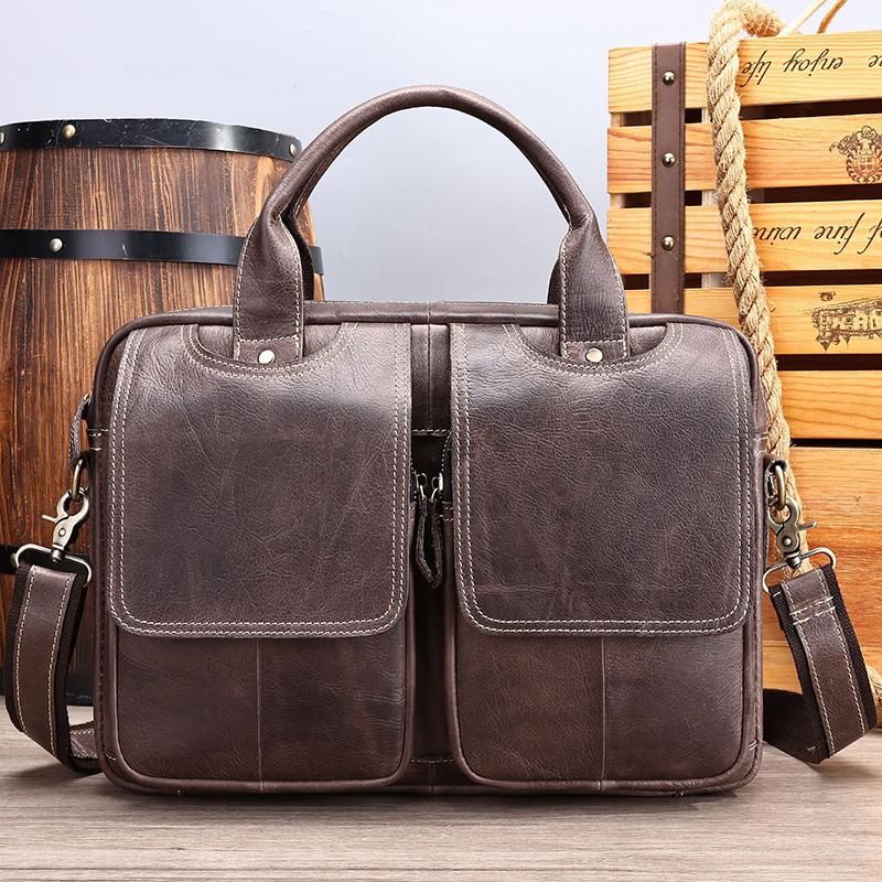 Fashion European and American Retro Style Men's Shoulder Bag Top-Grain Leather Business Briefcase Multi-Pocket Genuine Leather Men's Crossbody Bag