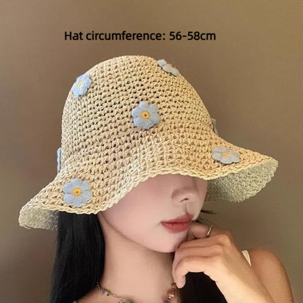Lovely Foldable Straw Hat Sun Protection Little Flowers Fisherman Cap UV Protection Breathable Panama Cap Beach