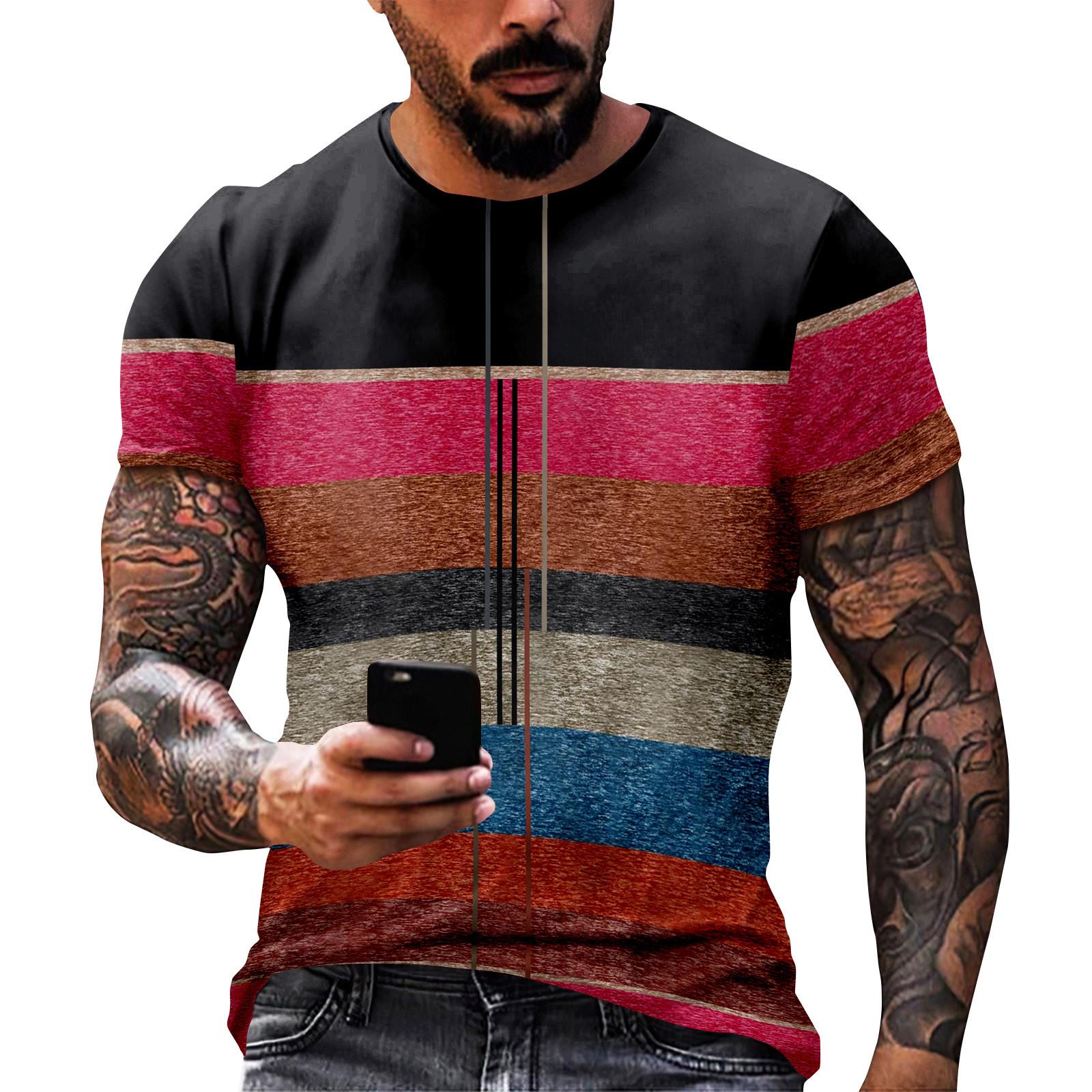 Модный полосатый принт - мужская повседневная футболка с круглым вырезом и короткими рукавами XXL