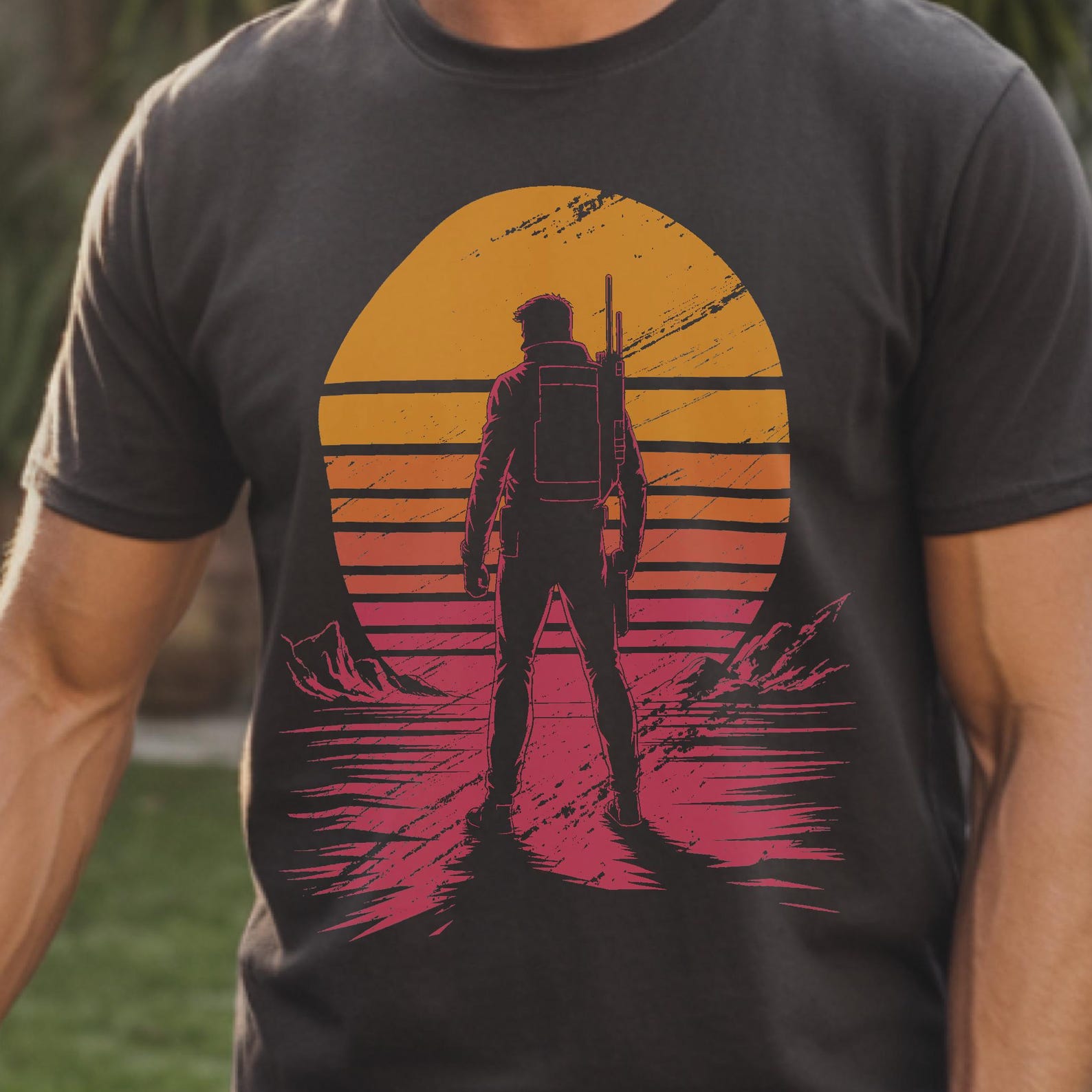 Retro Outrun Raider T-Shirt Vintage Synthwave Soldier Tee ARC Dystopian Cyberpunk Gaming Aesthetic 80s Sunset Explorer Gift XL