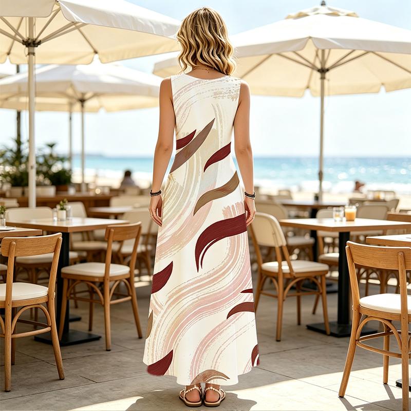 Women's Sleeveless Maxi Dress Minimalist Lines Lightweight Long Dress for Beach Vacation,Daily Casual,Summer Outings