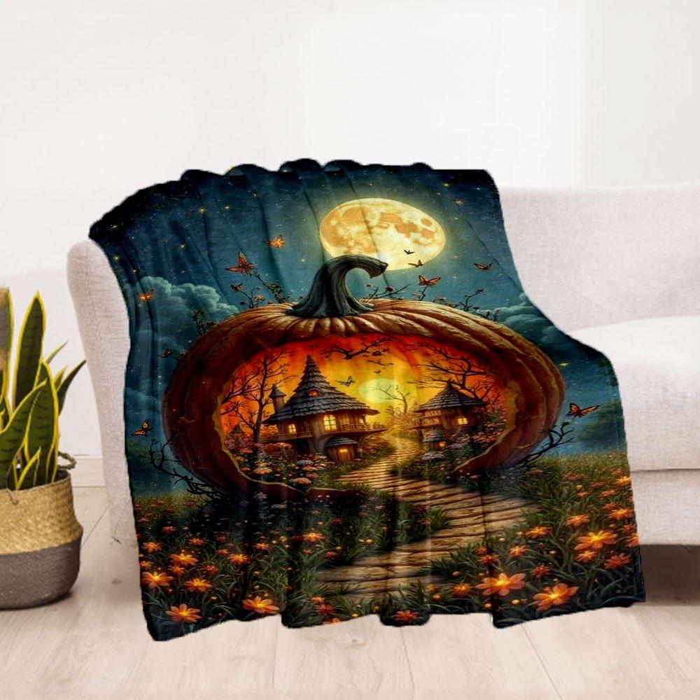 "Halloween Pumpkin House with Full Moon"Blanket Flannel Throw Blanket for Sofa, Bed, Travel, Camping, Office