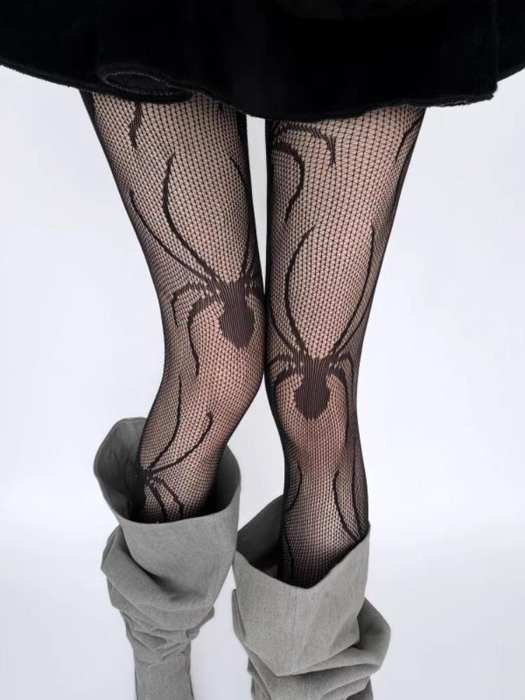 Women Sexy Spider-patterned Fishing Net Stockings Japanese Style Sheer Tights JK Gothic Halloween Hollow Out Fishnet Pantyhose
