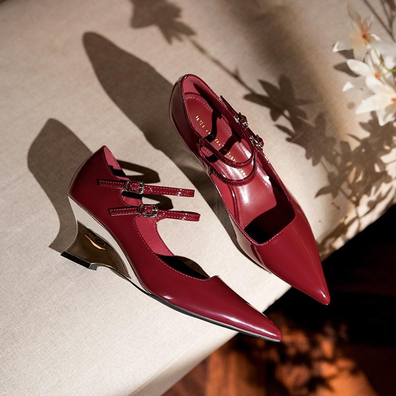 Wedge heel sheepskin single shoes women's pointed head temperament one-word buckle belt Mary Jane shoes high heels spring and autumn