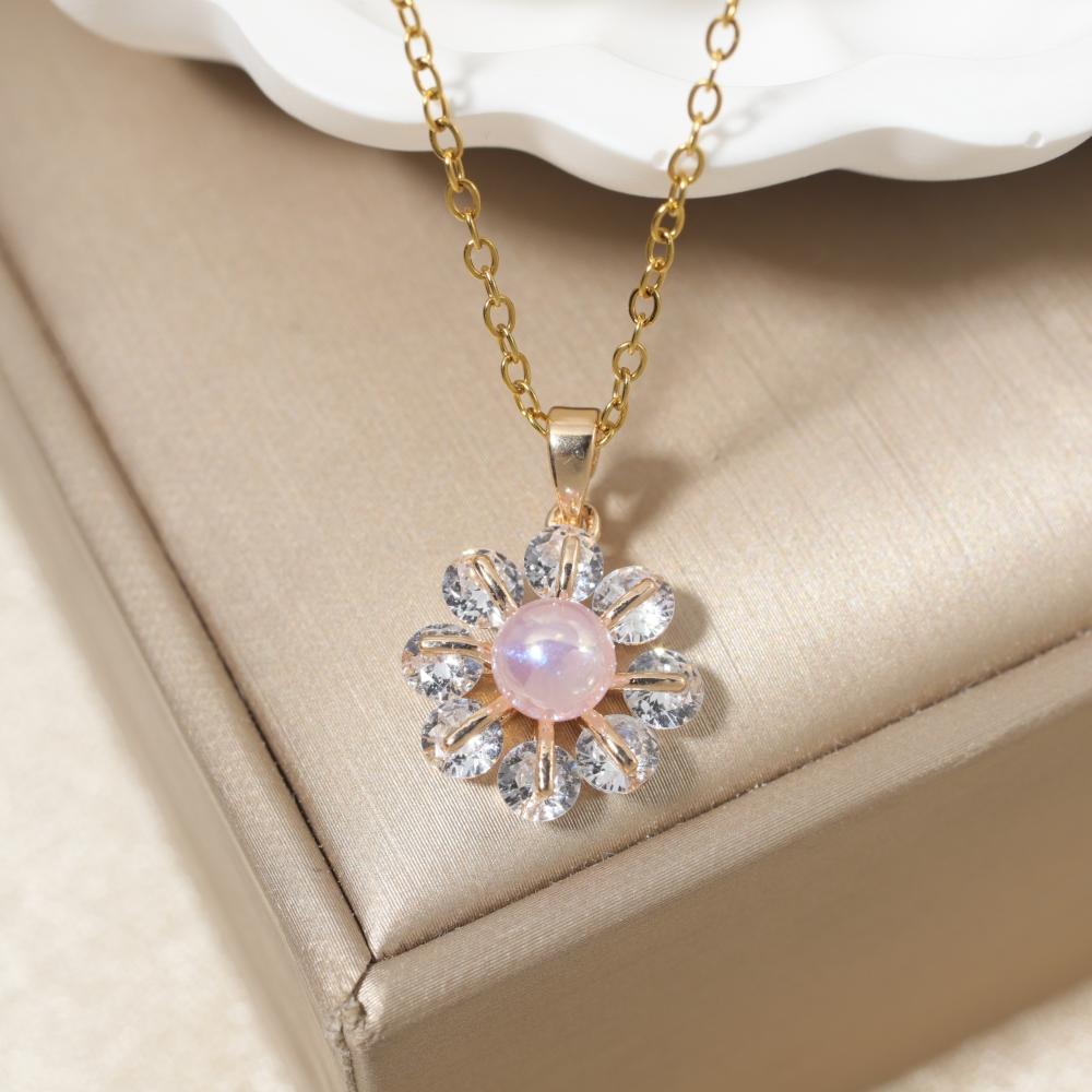 Stainless Steel Pink Imitation Pearls Flower Pendant Necklace with Zirconia for Women
