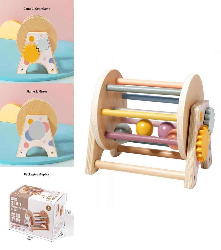 Wooden Montessori Threeinone Desktop Rattling Drum For Toddlers Educational Toy