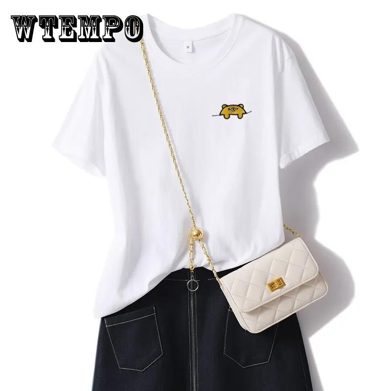 

Хлопковая футболка с вышивкой «Маленький медведь», женские топы с круглым вырезом, летние забавные повседневные футболки