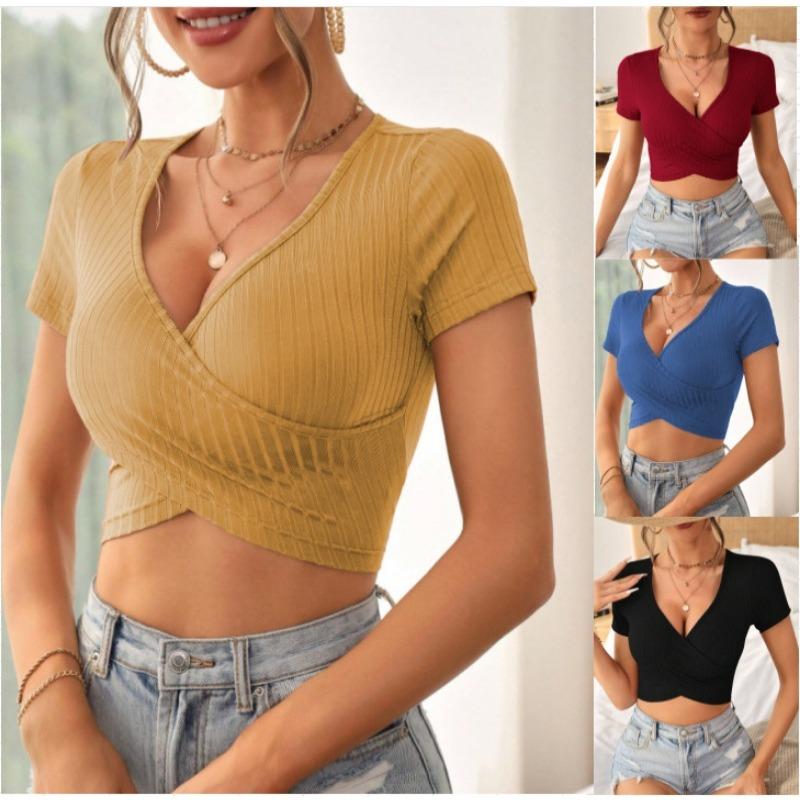 Women Sexy V Neck Slim Fit Cropped Short Sleeve Knit Solid T Shirt