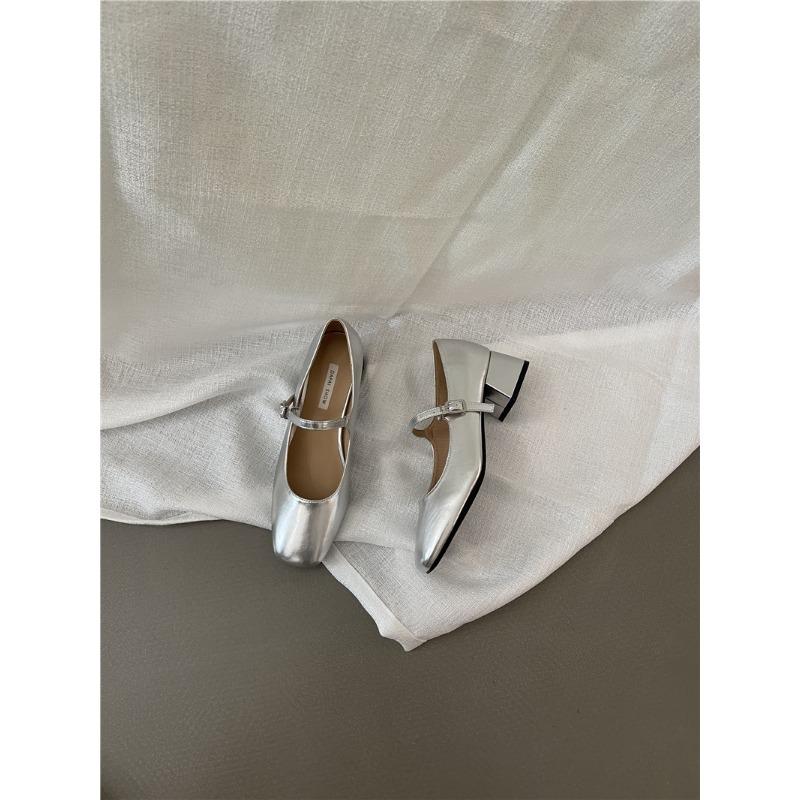 French Silver Mary Jane Shoes Women'S Shoes Spring And Summer Temperament Thick Heel Square Head Light Mouth Word With Single