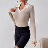 Ladies Autumn Winter Long Sleeve Lapel Solid Color Ribbed Slim Fit Pullover Polo Shirt Top